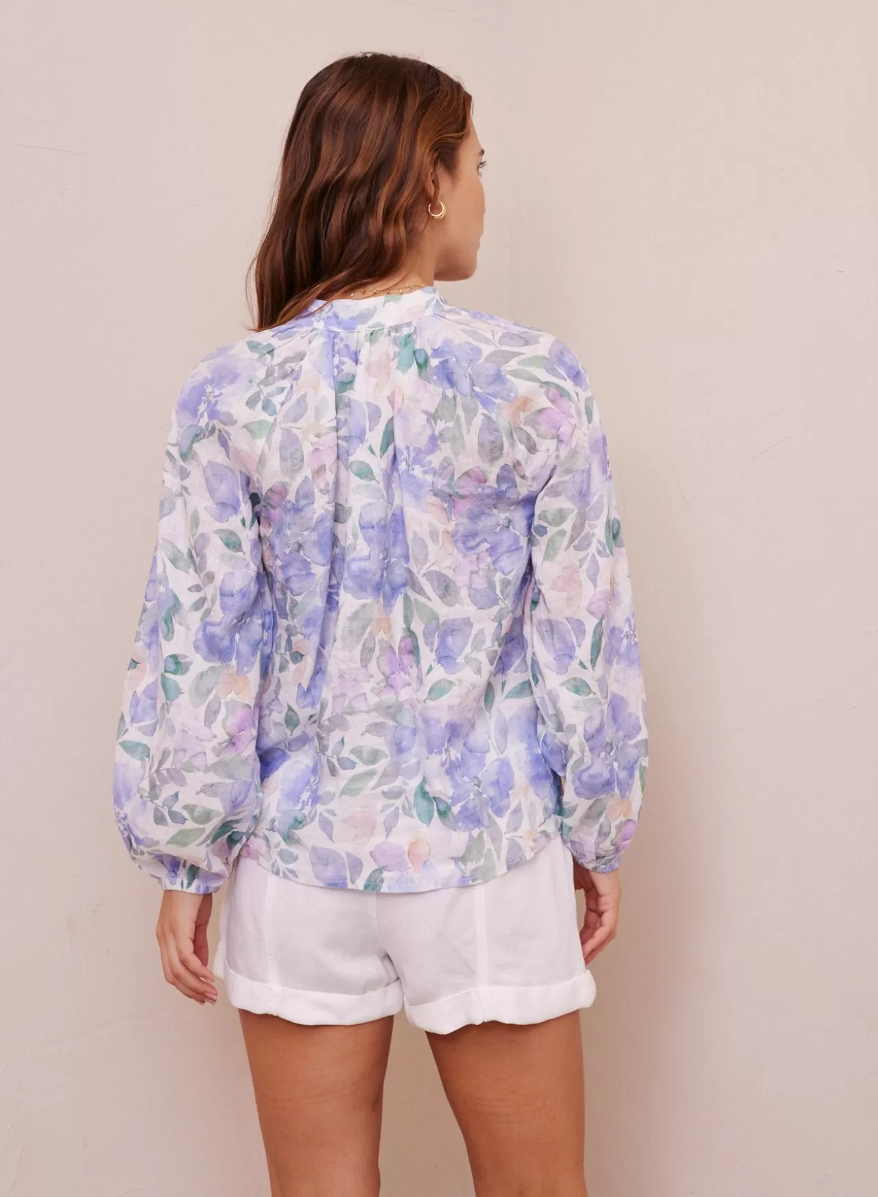 Bella Dahl Button Down^Floral Linen Raglan Shirt - Peri Jardin Print