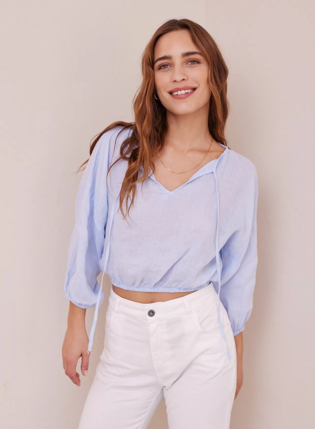 Bella Dahl Long Sleeve^Linen Tie Front Peasant Top - Perennial Blue