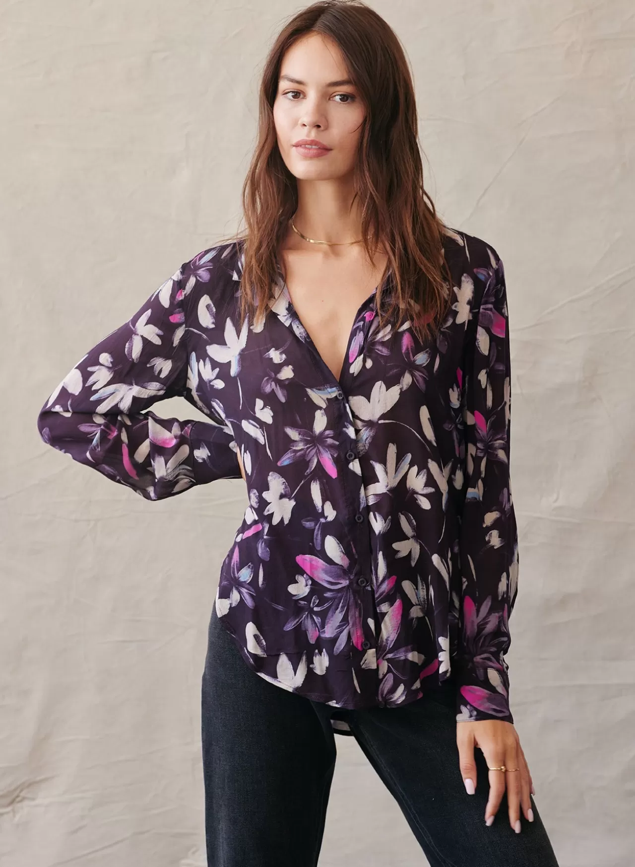 Bella Dahl Button Down^Long Sleeve Button Down Shirt - Floral Plum Print