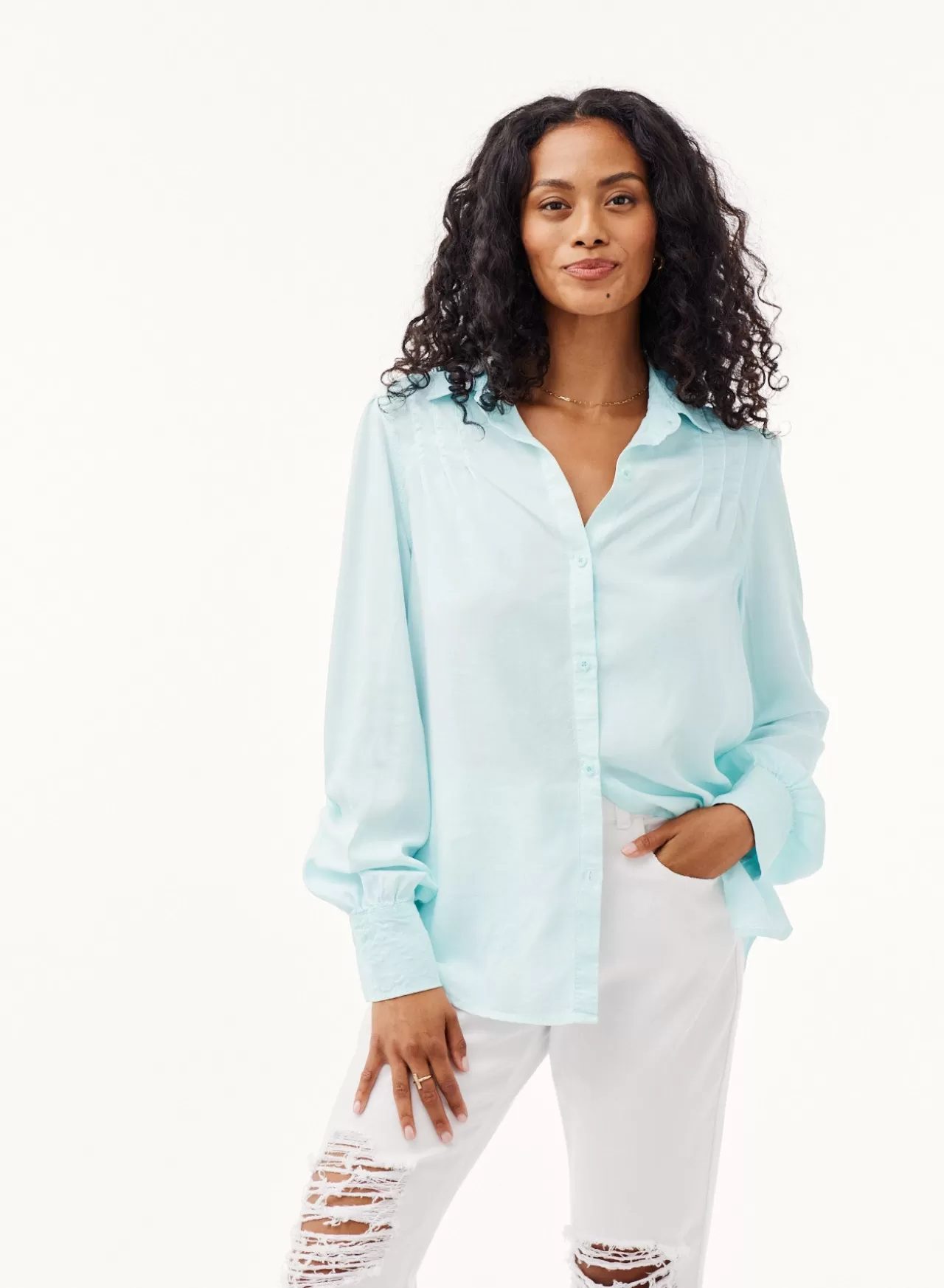 Bella Dahl Long Sleeve^Pin Tucked Long Sleeve Button Down - Beach Glass