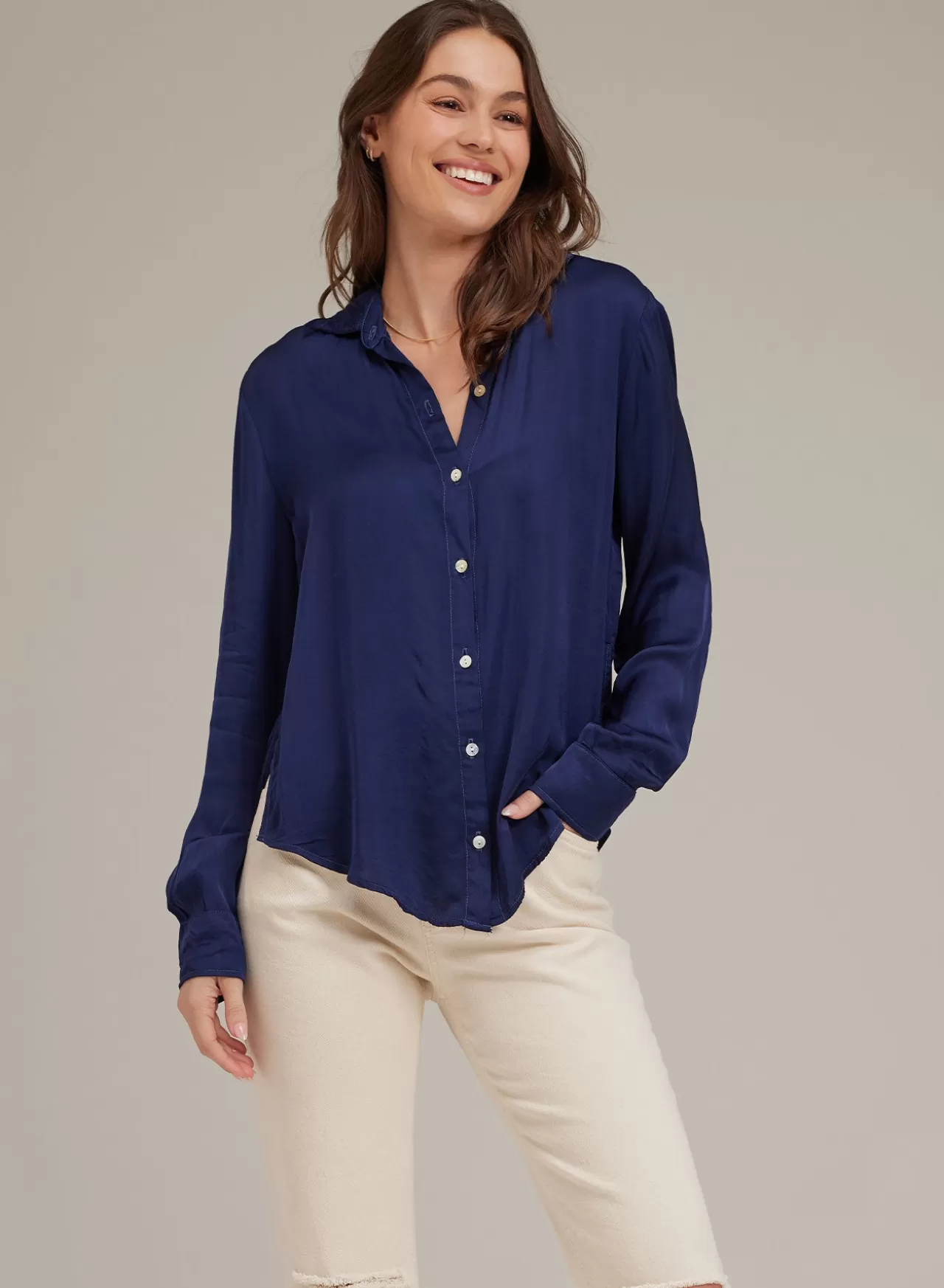 Bella Dahl Long Sleeve^Satin Side Slit Button Down - Midnight Royal