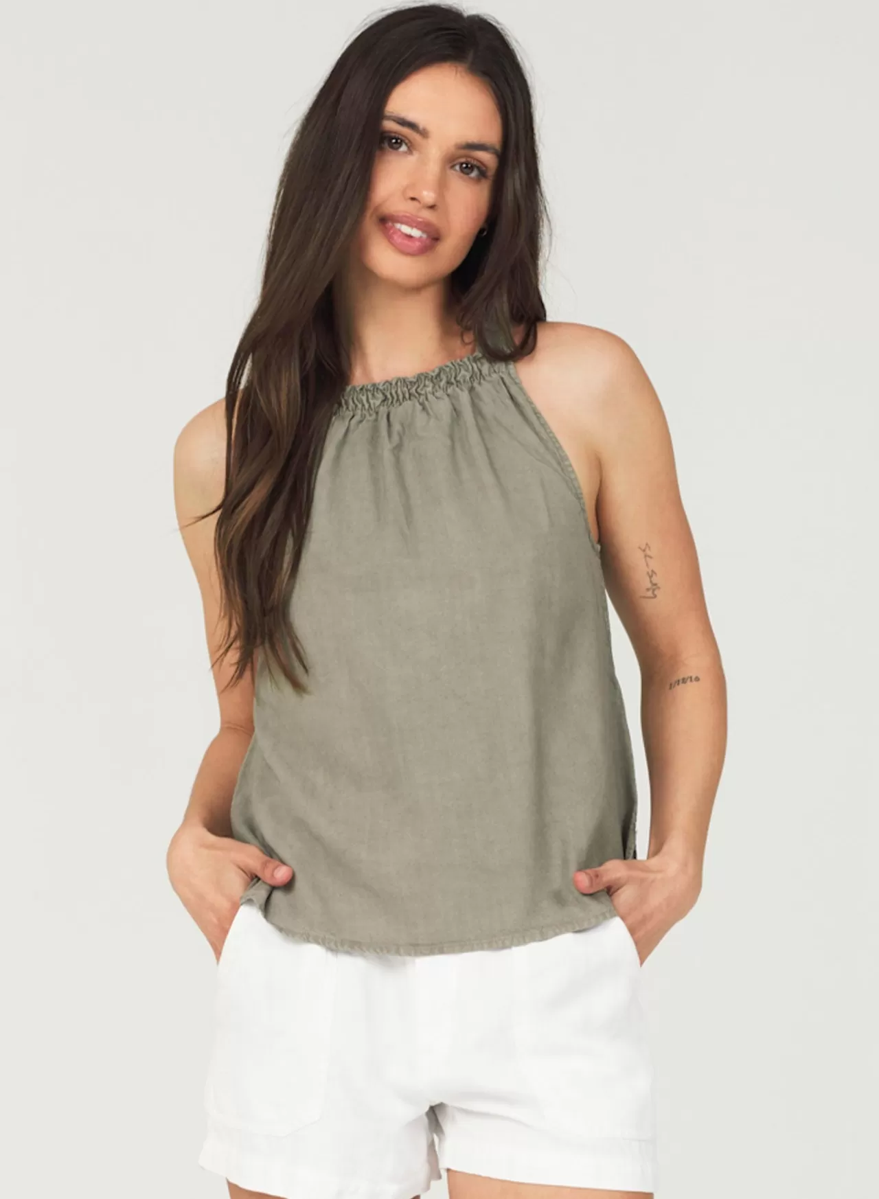 Bella Dahl Sleeveless^Shirred Sleeveless Halter Top - Soft Army