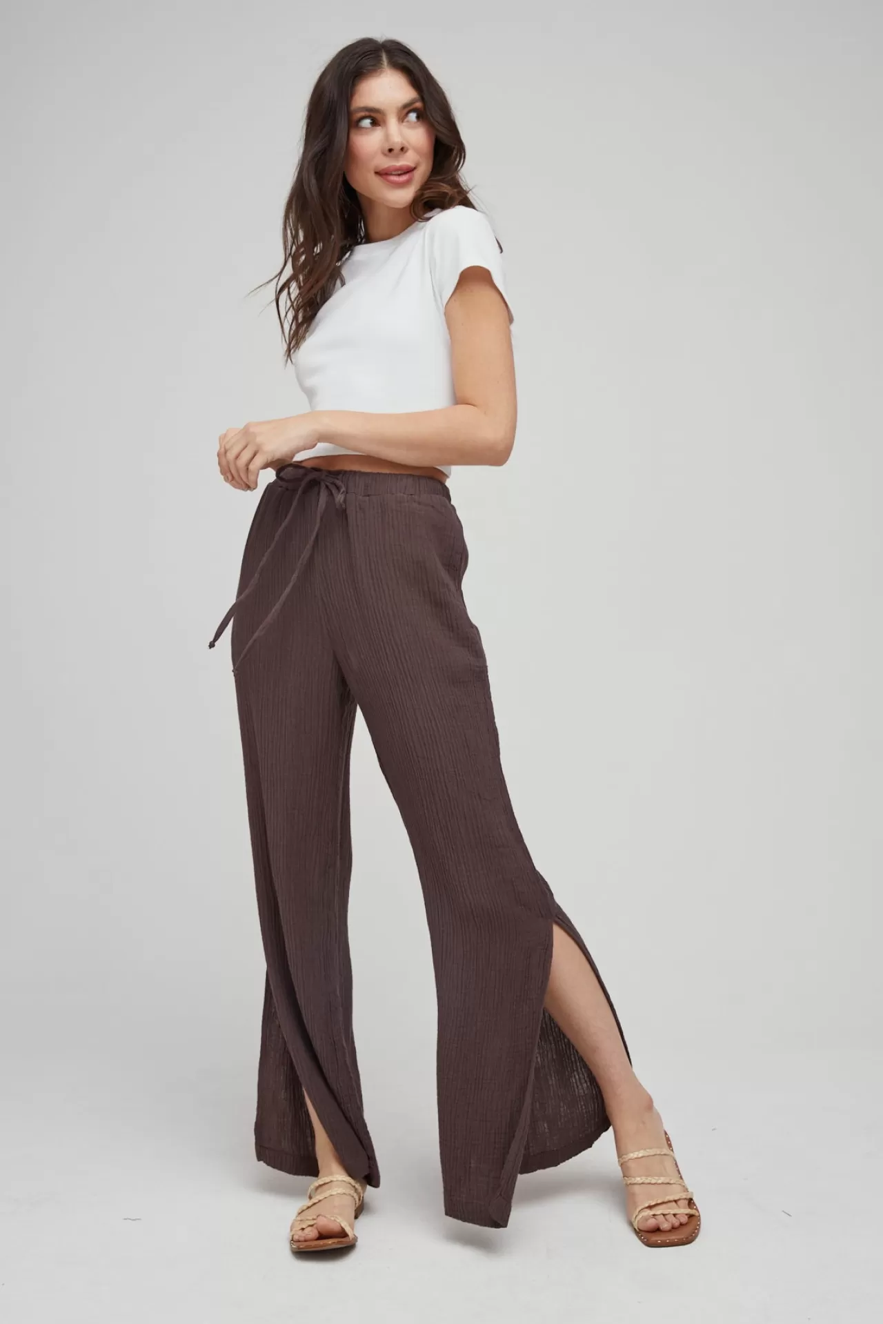 Bella Dahl Pants^Side Slit Wide Leg Pants - Rich Brown