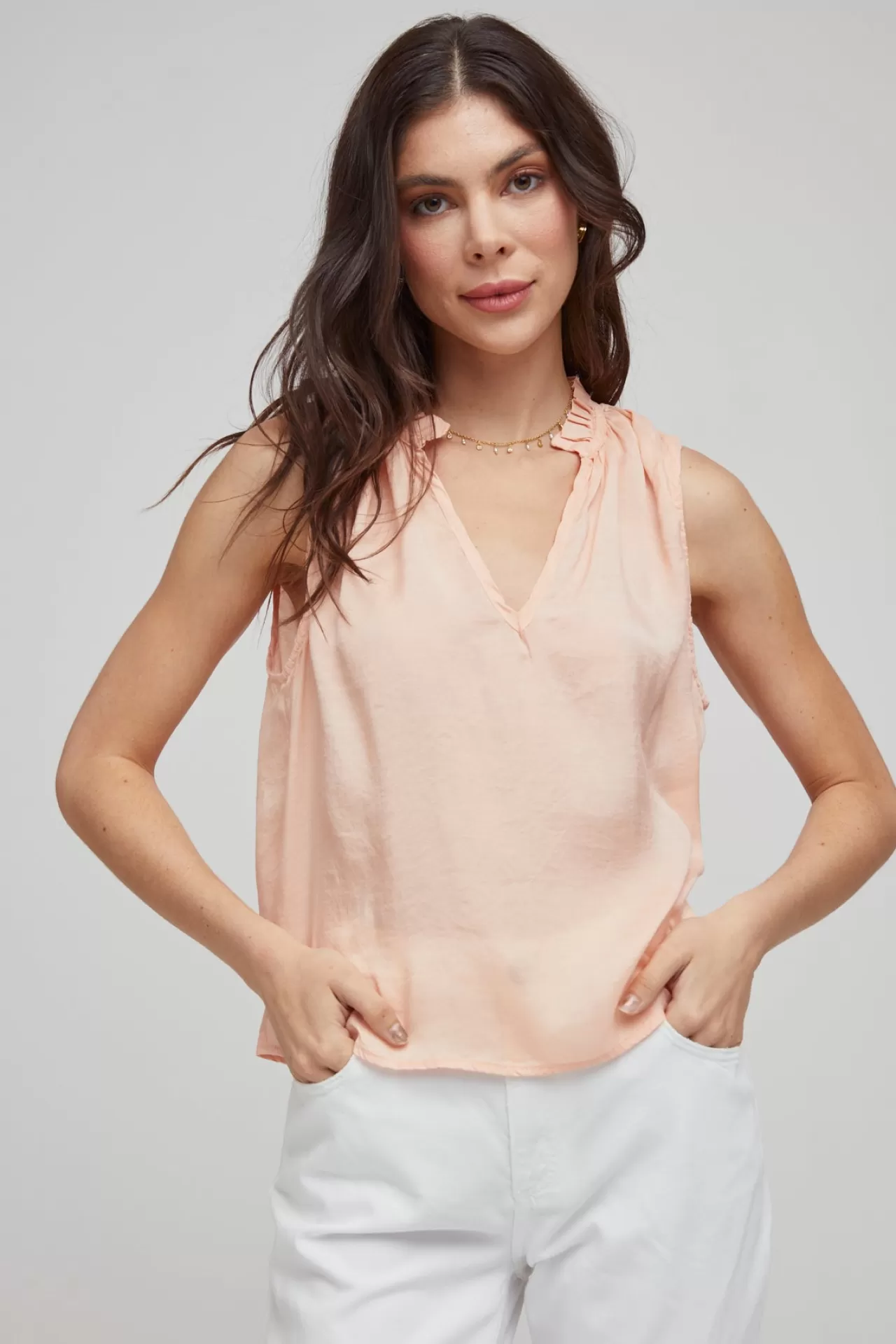 Bella Dahl Sleeveless^Sleeveless Ruffle Neck Tank - Peach Clouds