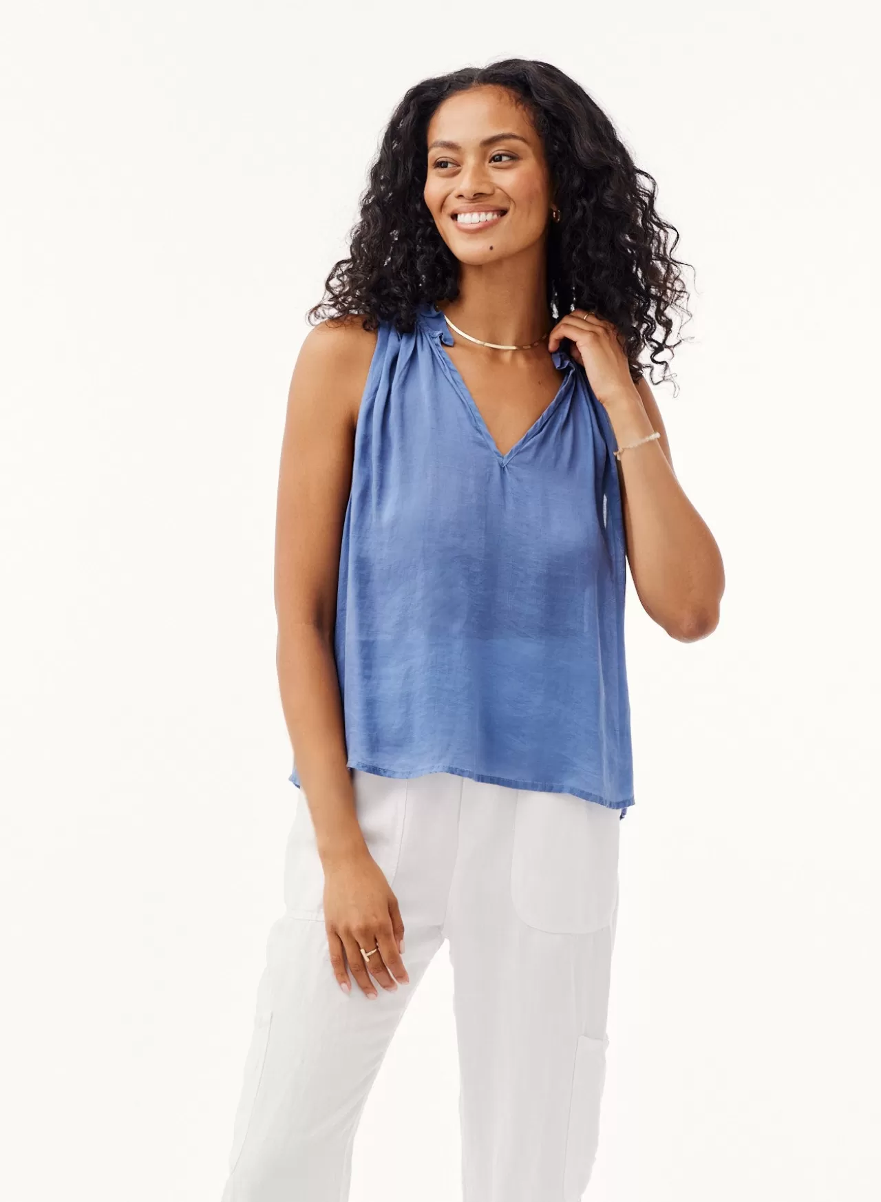 Bella Dahl Sleeveless^Sleeveless Ruffle Neck Tank - Mykonos Blue