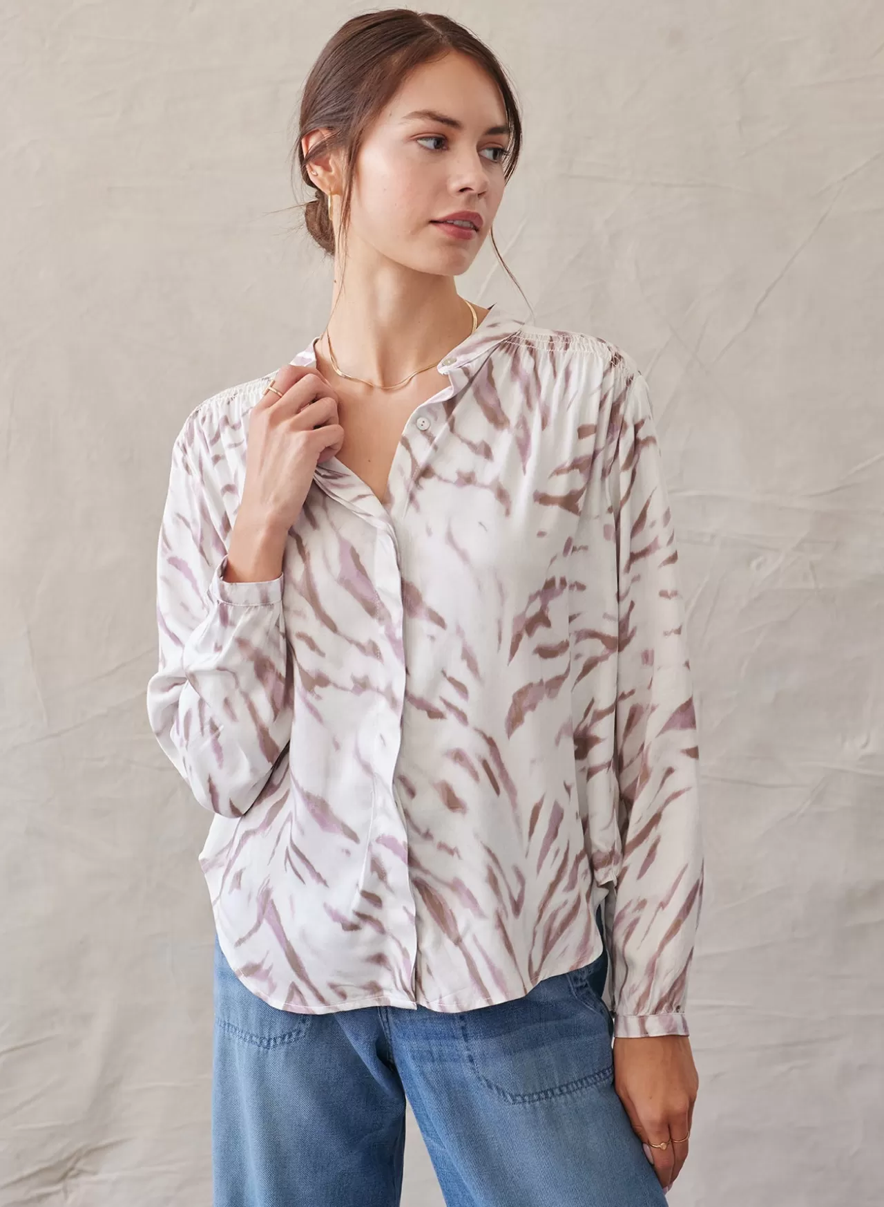 Bella Dahl Button Down^Smocked Button Down Shirt - Frosted Zebra Print
