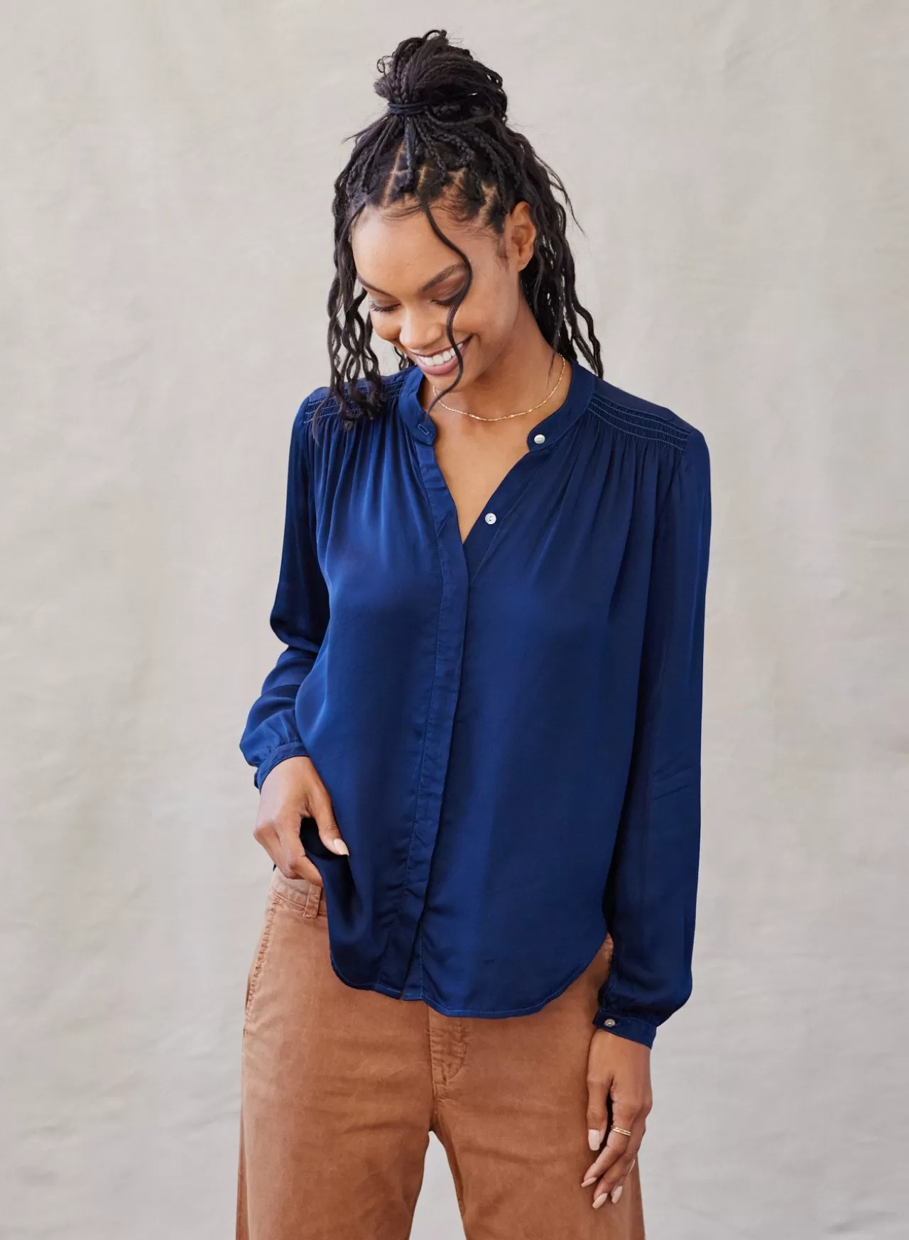 Bella Dahl Button Down^Smocked Button Down Shirt - Dark Lake