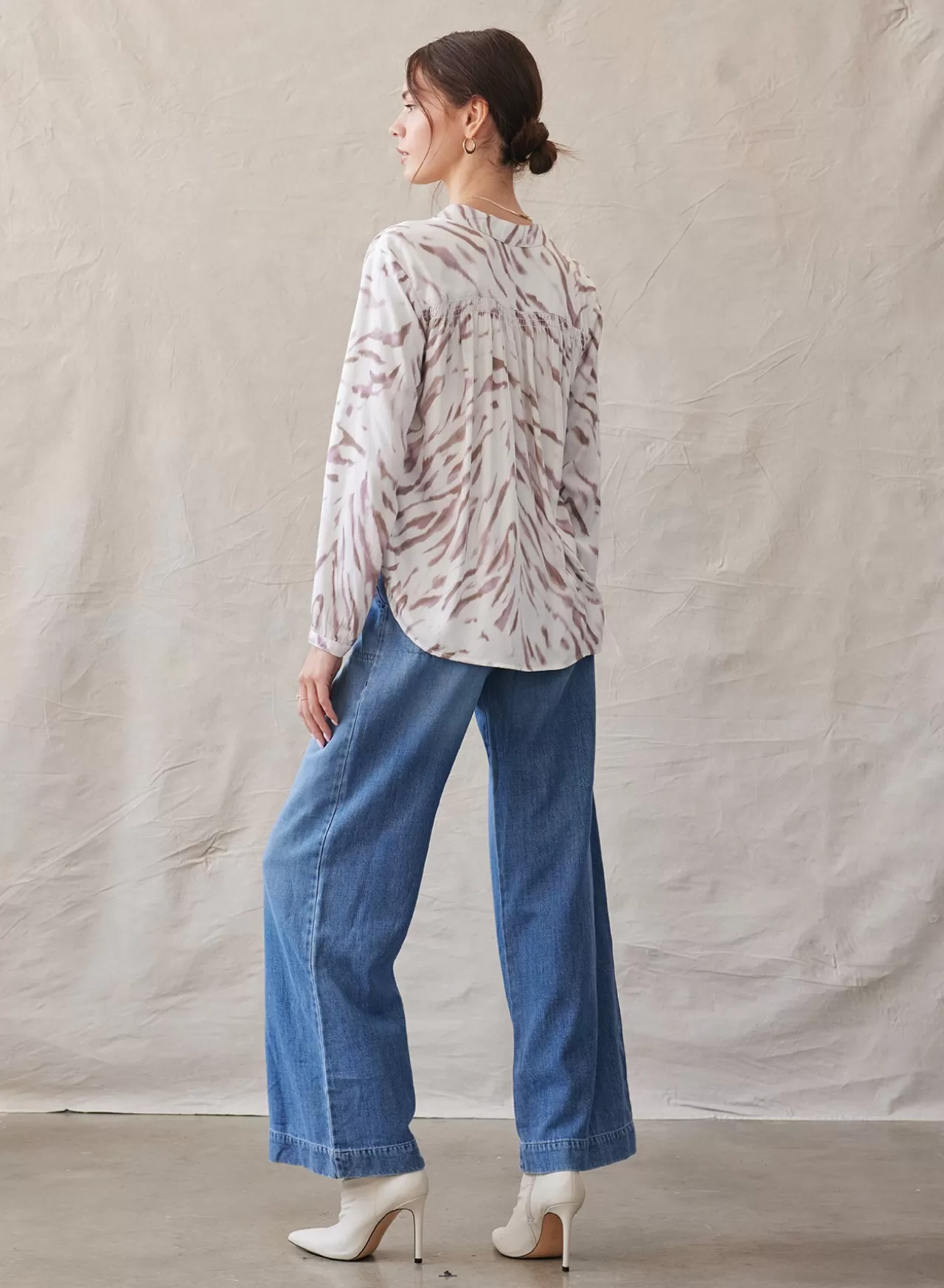 Bella Dahl Button Down^Smocked Button Down Shirt - Frosted Zebra Print