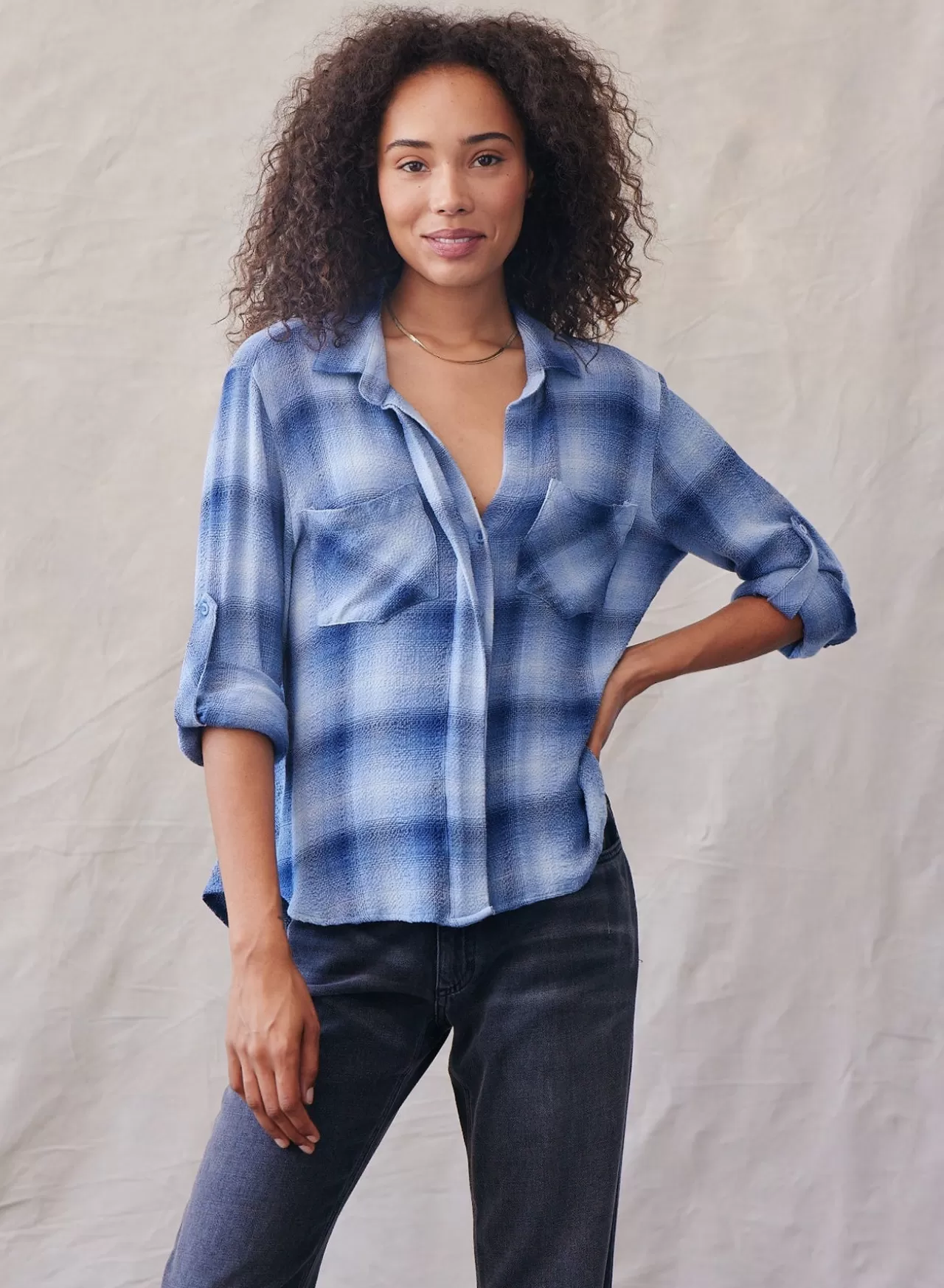 Bella Dahl Button Down^Split Back Button Down - Indigo Heatherplaid Indigo Heather Plaid