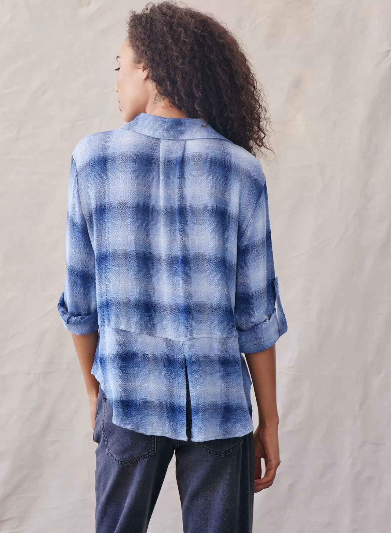 Bella Dahl Button Down^Split Back Button Down - Indigo Heatherplaid Indigo Heather Plaid