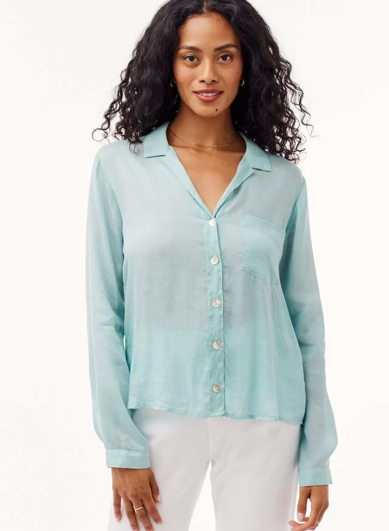 Bella Dahl Long Sleeve^Tencel Pocket Button Down Top - Aegean Teal