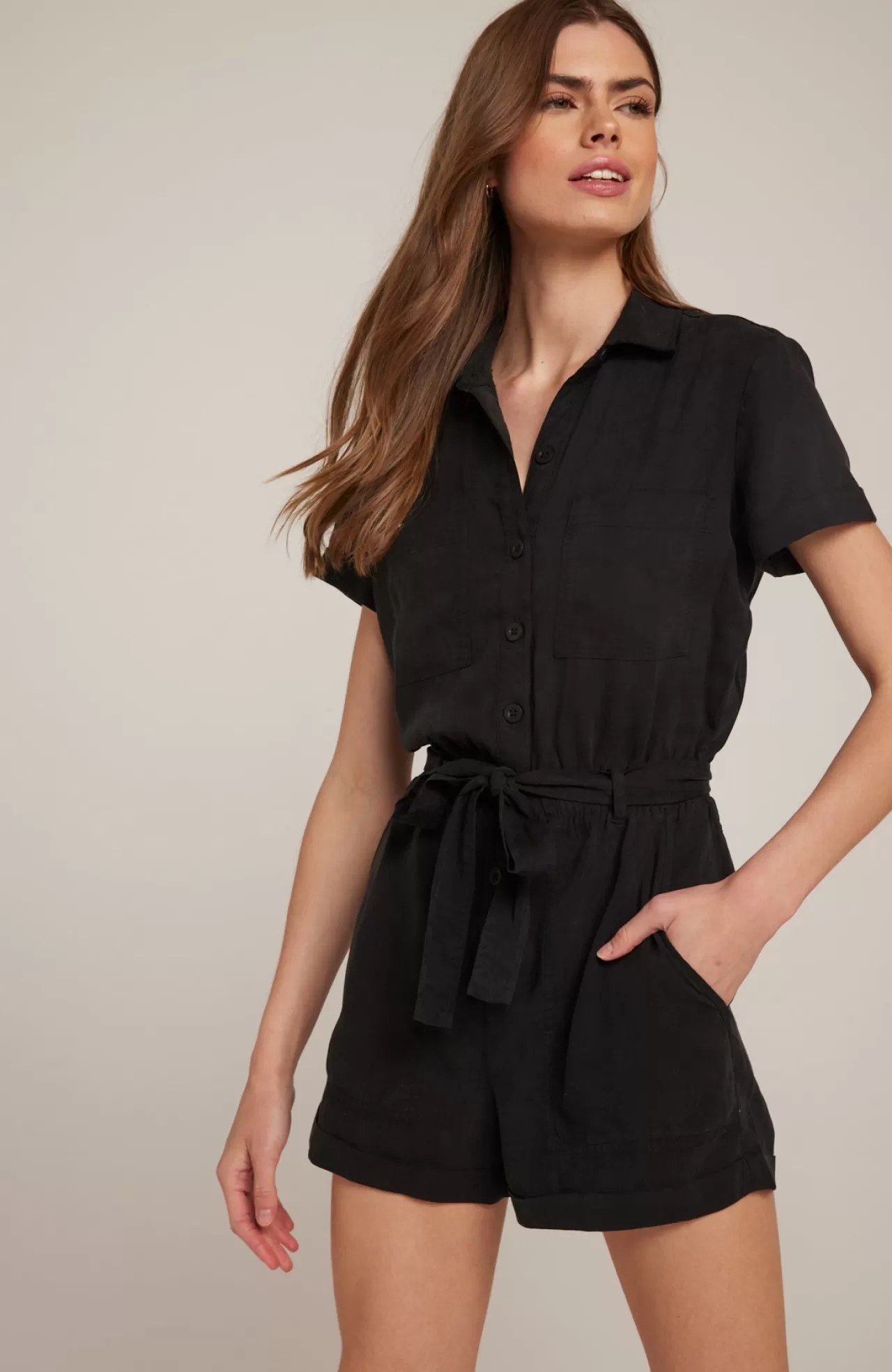 Bella Dahl Jumpsuits & Rompers^Utility Rolled Hem Tencel Romper - Vintage Black
