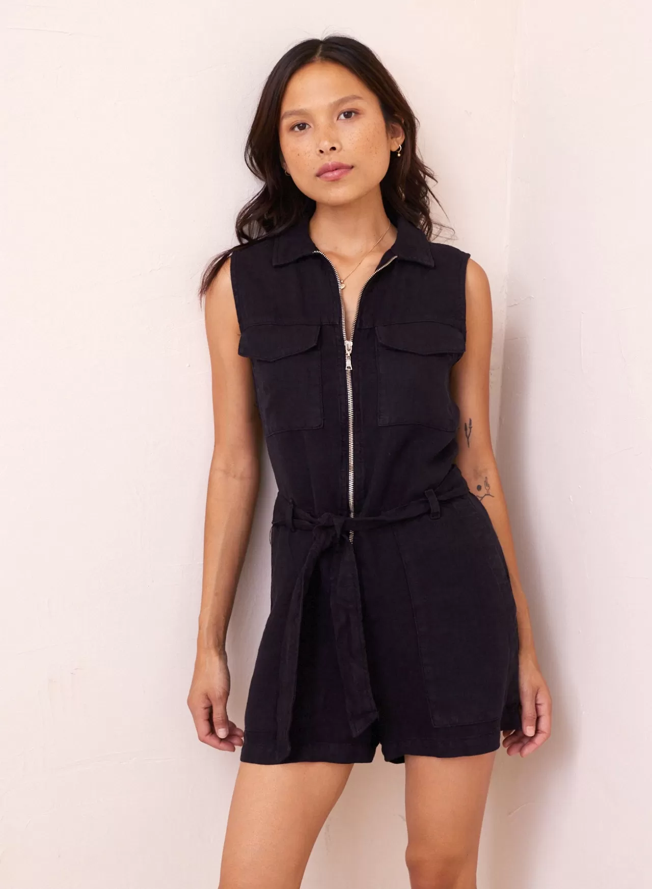 Bella Dahl Jumpsuits & Rompers^Zip Front Linen Romper - Black
